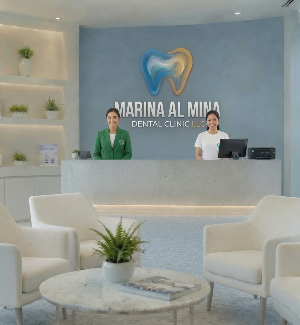 Welcoming reception desk at Marina Al Mina Dental Clinic